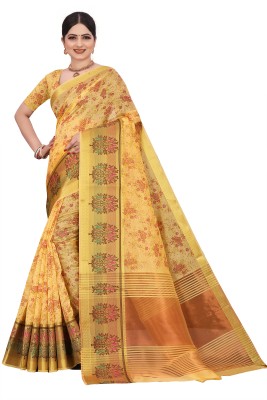 SeaRider Embellished, Checkered, Self Design, Floral Print Leheria Organza, Jacquard Saree(Yellow)