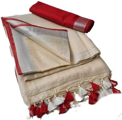 Aamir Fashion Textile Solid/Plain Bhagalpuri Handloom Cotton Linen Saree(Cream)