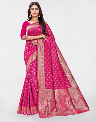 Anmi Woven Banarasi Jacquard, Silk Blend Saree(Pink, Gold)