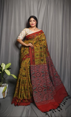 Dixon Printed, Self Design Sambalpuri Pure Cotton Saree(Light Green, Maroon)