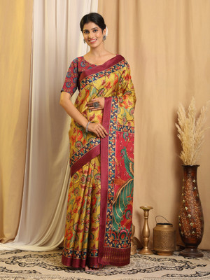 SCFO Digital Print Saree with Attached Blouse Tussar Silk Saree(Yellow)