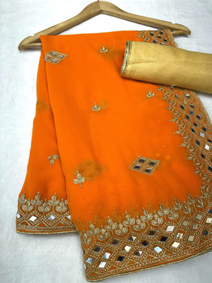 Disha Fashion Embroidered Banarasi Georgette Saree(Mustard)
