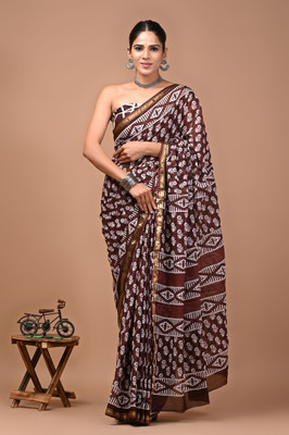 MANIHARI Printed, Blocked Printed, Floral Print, Hand Painted Daily Wear Pure Cotton Saree(Brown)