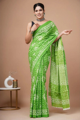 HIYAMI Printed Daily Wear Cotton Linen Saree(Green)