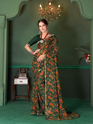 NIYAMI Printed, Floral Print Daily Wear Georgette, Chiffon Saree(Dark Green)