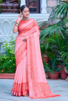 Moda Rapido Printed Daily Wear Cotton Linen Saree(Orange)