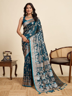 Upalksh Woven, Self Design, Striped, Printed Handloom Jacquard, Silk Blend Saree(Light Blue)