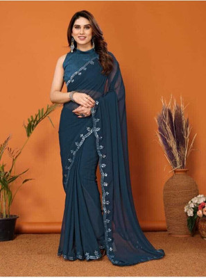 MAHARAJ SAREES Solid/Plain Bollywood Georgette Saree(Dark Blue)