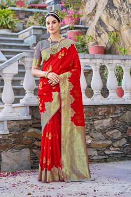 Sariya Woven Banarasi Jacquard, Silk Blend Saree(Red, Grey)