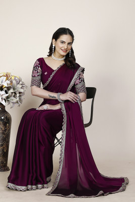 K 5 FASHION Embellished, Embroidered, Solid/Plain Bollywood Chiffon Saree(Maroon)
