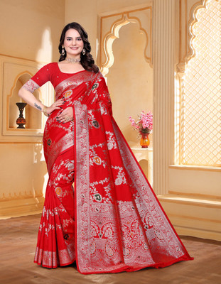 A-MORE TEXTILES Woven Banarasi Pure Silk Saree(Red)