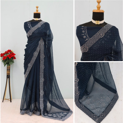 Jennyfab Embellished Bollywood Organza Saree(Dark Blue)