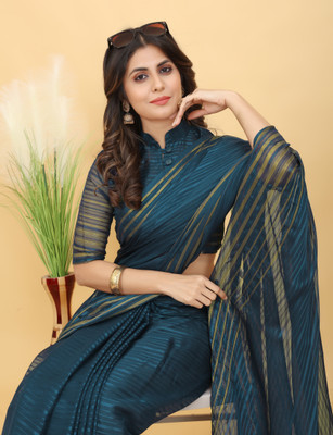 niseful Striped Bollywood Chiffon Saree(Dark Green)