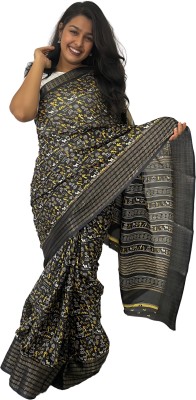Sanjana Silks Printed Bollywood Art Silk, Silk Blend Saree(Black, Cream)