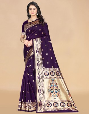 Samah Woven, Embellished, Self Design Banarasi Cotton Silk, Silk Blend Saree(Purple, Gold)