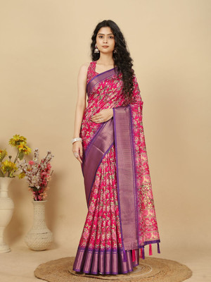 HouseOfCommon Floral Print, Woven Madhubani Art Silk Saree(Pink)
