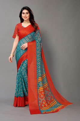Winza Designer Printed, Geometric Print Bollywood Chiffon, Brasso Saree(Blue)