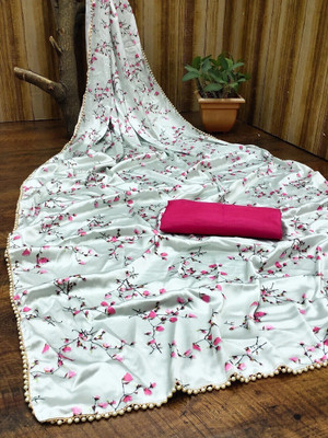 AVANSHEE Printed, Floral Print Bollywood Satin Saree(Grey)