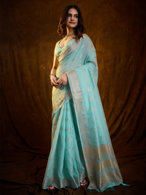Tasrika Woven Bollywood Linen Saree(Light Blue)