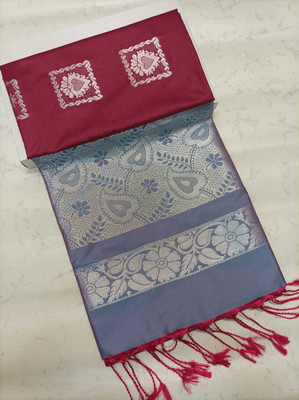 Premium Soft Silk Woven, Floral Print, Temple Border Kanjivaram Silk Blend Saree(Maroon)