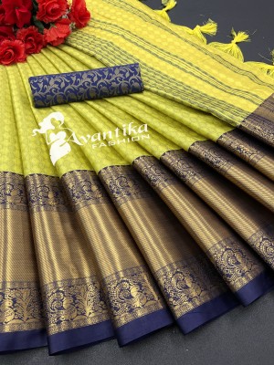 AVANTIKA FASHION Printed, Temple Border, Woven, Embellished, Solid/Plain Banarasi Art Silk, Cotton Silk Saree(Light Green)