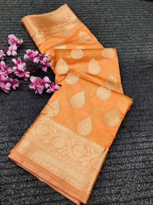 ZILVIRA Woven, Printed, Applique, Embellished, Dyed Kanjivaram Jacquard, Art Silk Saree(Orange)
