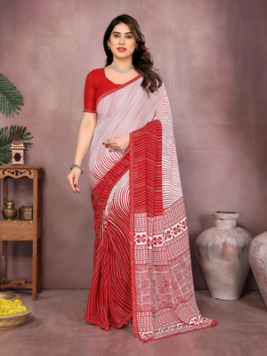Moda Rapido Self Design, Printed, Striped, Embellished Regular Sari Georgette Saree(Red, White)