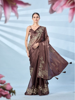 Tikhi Imli Embroidered Bollywood Chiffon Saree(Brown)