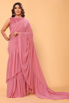 PATLANI STYLE Embroidered, Solid/Plain Pre Draped Saree Georgette Saree(Pink)