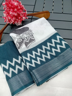 HangerStories Printed Kanjivaram Pure Cotton, Cotton Linen Saree(White, Black)