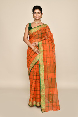 maa textile Self Design Tant Pure Cotton Saree(Orange)