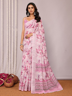 Janasya Floral Print, Printed Daily Wear Cotton Blend Saree(Pink)