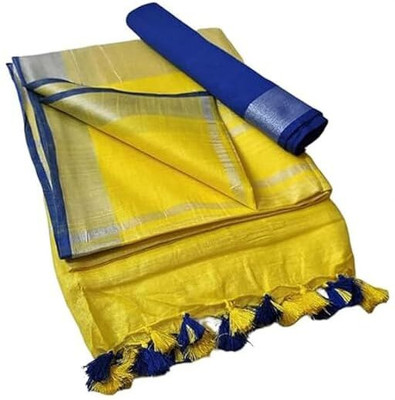 HAIDER ALI AND SONS Solid/Plain Handloom Cotton Linen Saree(Yellow)