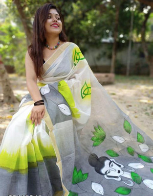 ABC Floral Print, Printed, Woven Tant Pure Cotton Saree(Grey)