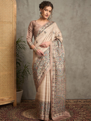 ANOUK Printed Daily Wear Silk Blend Saree(Beige)