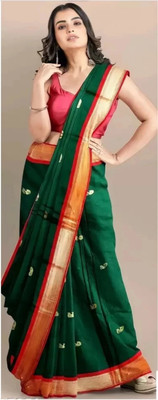 Hashir textile Striped, Temple Border Handloom Cotton Silk Saree(Dark Green)