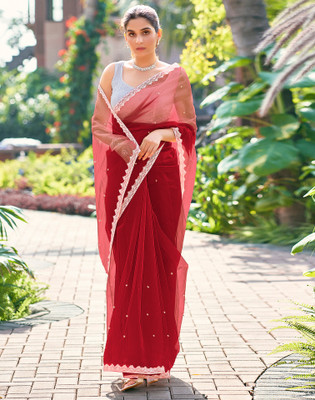 Anmi Dyed, Embellished Bollywood Net Saree(Red)