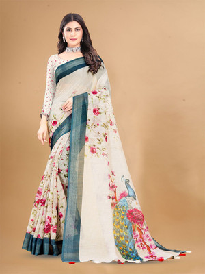 ANOUK Printed Saree with Attached Blouse Linen Saree(Beige)