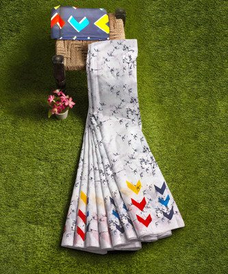 LOVWEAR Floral Print Daily Wear Pure Cotton Saree(White)