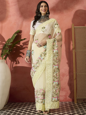 Sangria Embroidered Saree with Attached Blouse Organza Saree(Mustard)