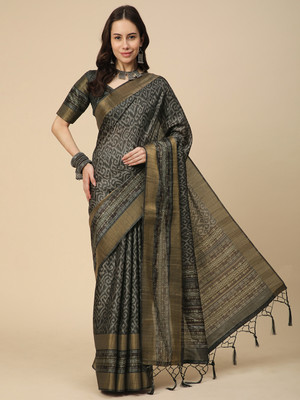 RATAN Printed Saree with Attached Blouse Art Silk Saree(Grey)