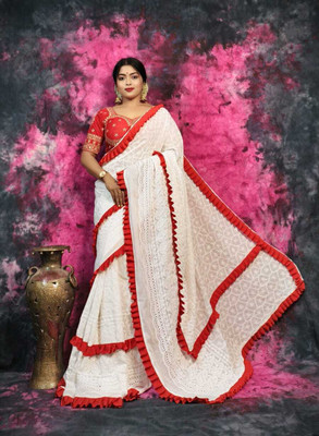 Rnn Saree Embroidered Handloom Pure Cotton Saree(White)