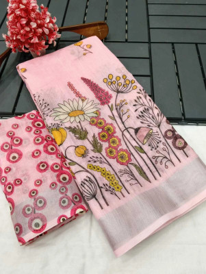 HouseOfCommon Printed, Woven Kanjivaram Pure Cotton, Cotton Linen Saree(Pink)