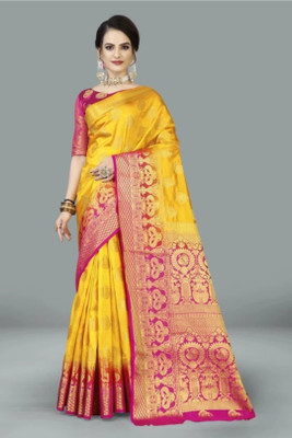 RudraNX Self Design, Printed, Woven Kanjivaram Jacquard Saree(Yellow, Pink)