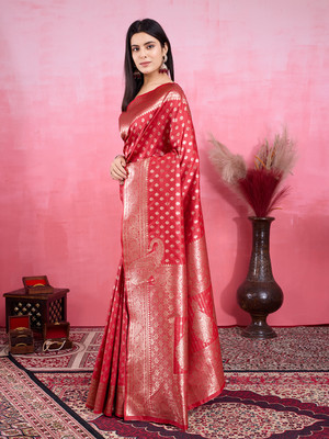 SIDDHESHWAR Self Design Assam Silk Lycra Blend Saree(Red)