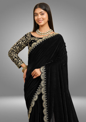 hutah Self Design, Embroidered, Woven Banarasi Cotton Blend, Velvet Saree(Black)