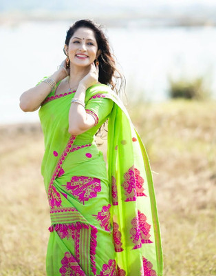 Asho Industries Self Design Mekhela Chador Cotton Blend Saree(Light Green)
