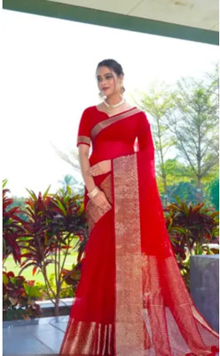 Ss sarees Solid/Plain, Woven, Striped Banarasi Organza Saree(Red)