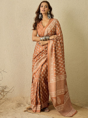 Sareemall Printed Daily Wear Cotton Blend Saree(Brown)