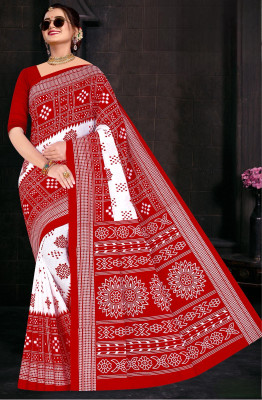 Sumit Textiles Digital Print, Printed Sambalpuri Pure Cotton Saree(Red, White)